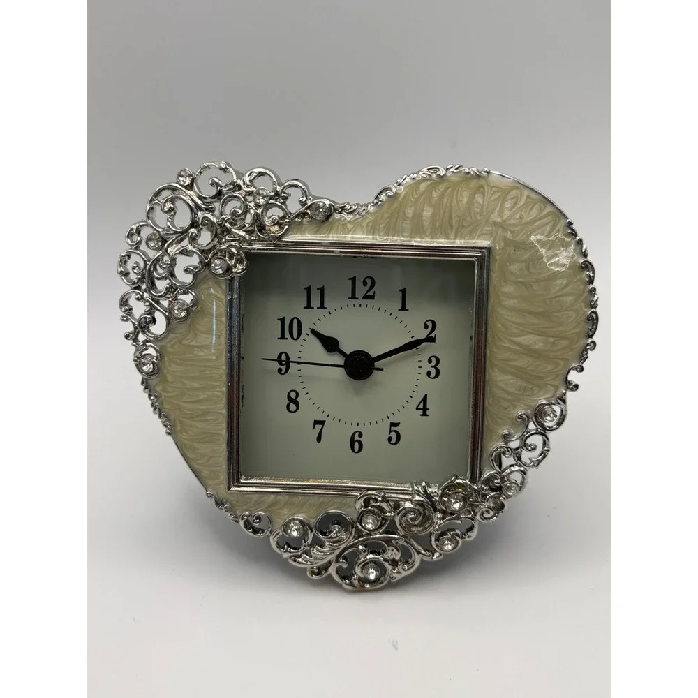 Vintage Style Heart Shaped Desk Clock Silver Filigree Rhinestone Cream Enamel